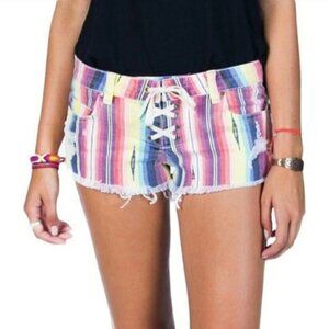 BILLABONG RAINBOW STRIPE LACE UP RAW HEM CUT OFF JEAN SHORTS